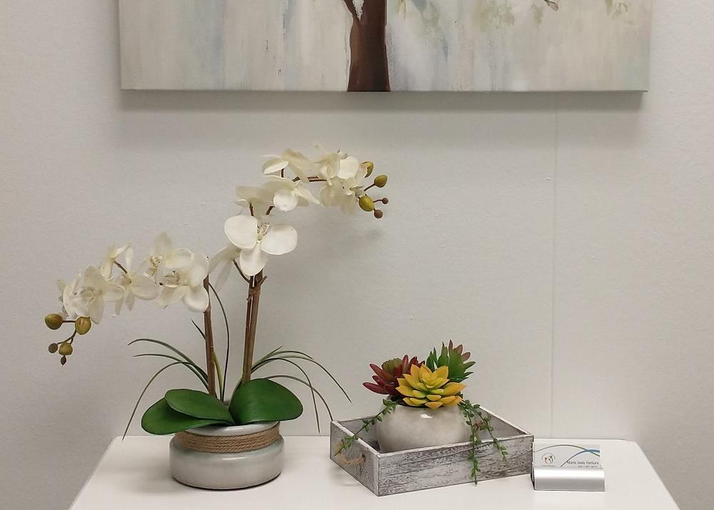 A glimpse into the waiting area of the MIVentura counseling office. A white 
    orchid sitting on top of a white cabinet and above is a painting of a tree.
